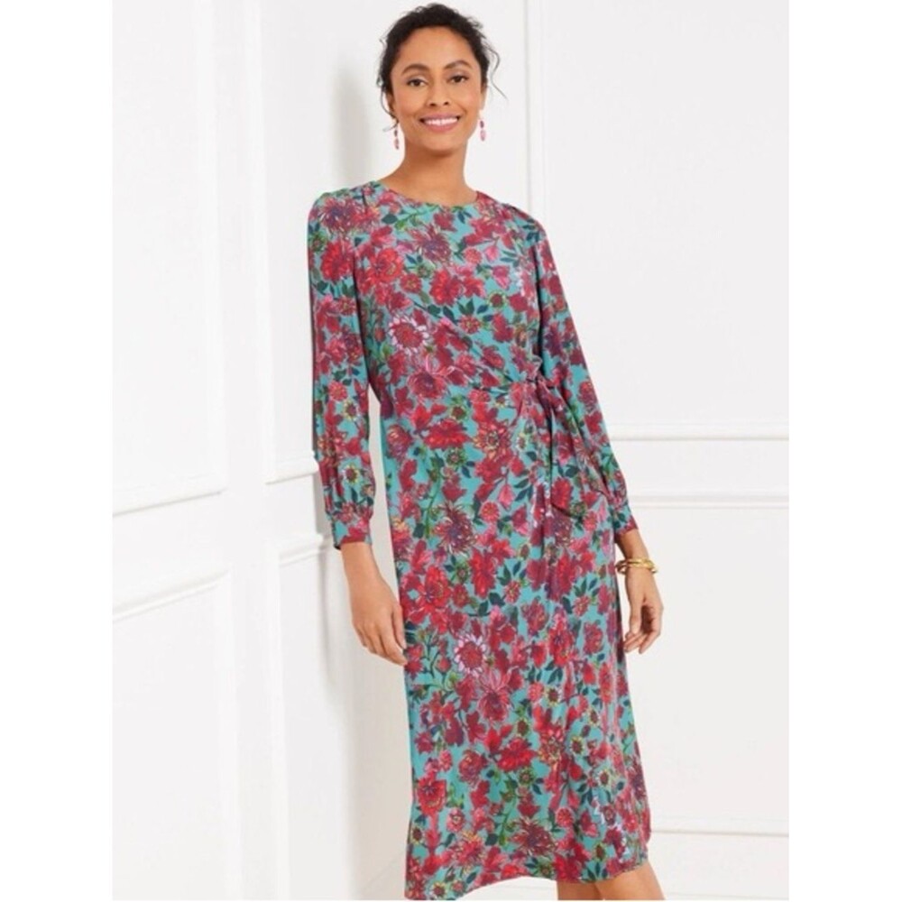 Talbots Vibrant Floral Side Tie Midi Dress Sz 14 wedding formal casual spring